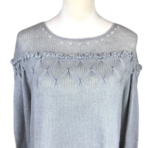 Sundance Ice Gray Mohair Pointelle Open Knit Beaded Lightweight Pullover Sweater - Picture 5 of 12